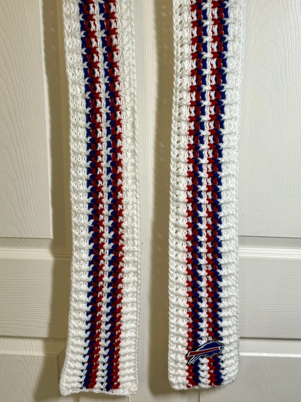 Team inspired Buffalo Bills White Crochet Scarf with Red and Blue Stripes